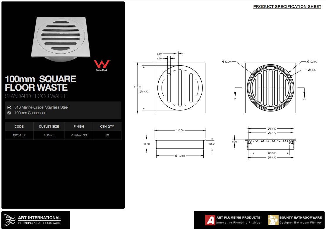 Square 316 Stainless Steel Floor Waste 100mm - Image 2