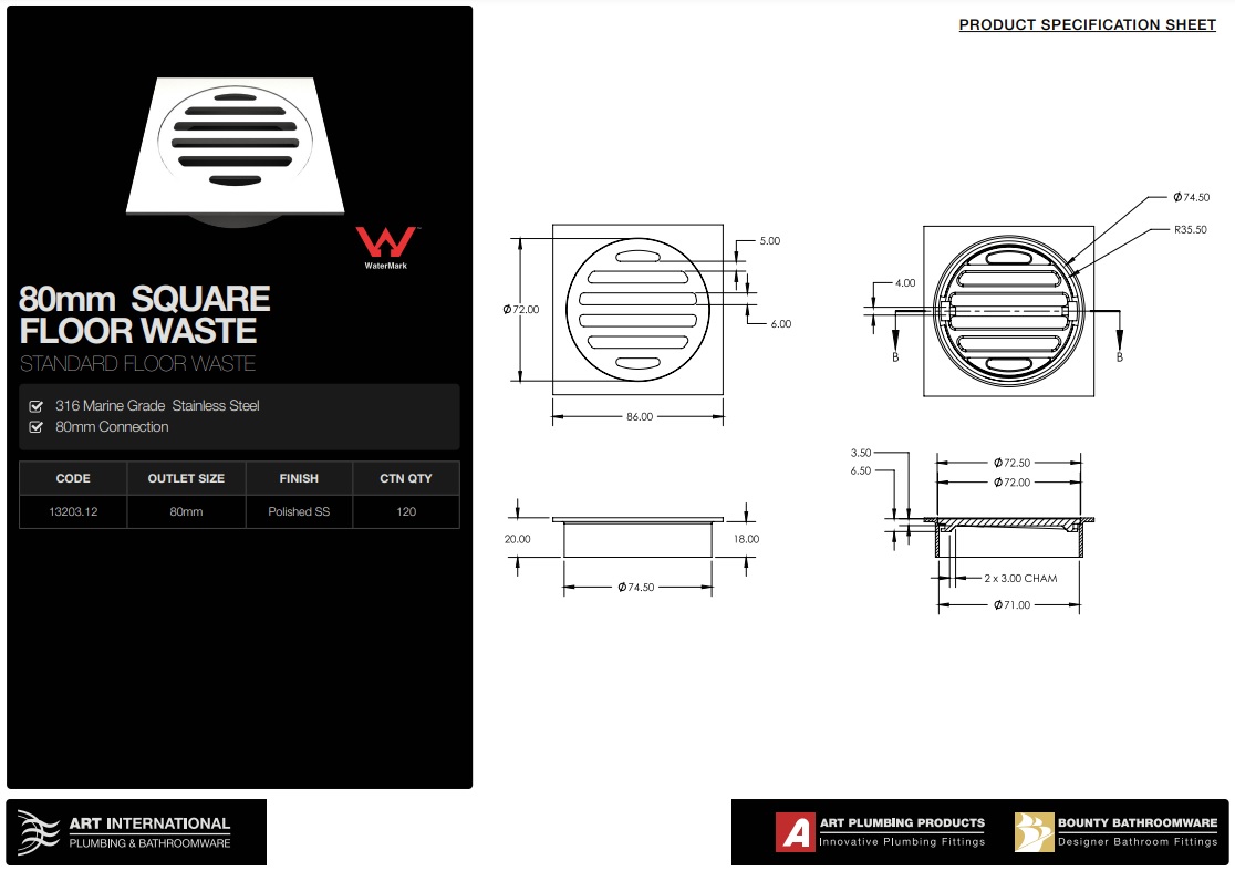 Square 316 Stainless Steel Floor Waste 80mm - Image 2