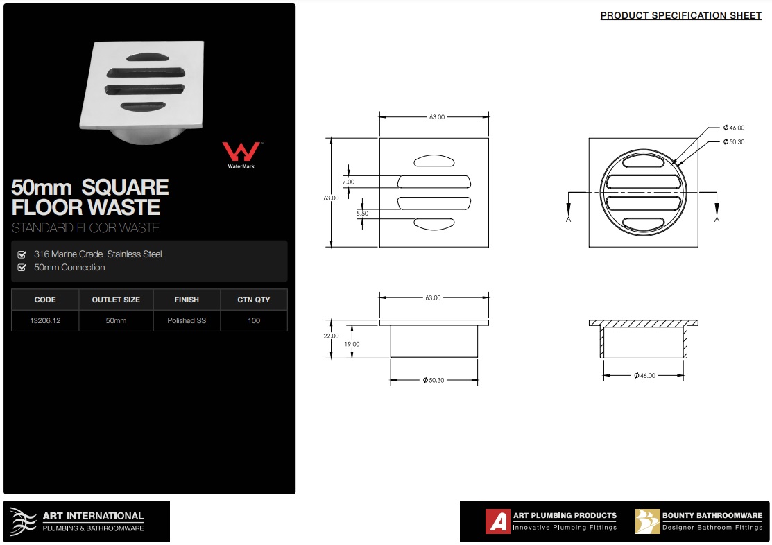 Square 316 Stainless Steel Floor Waste 50mm - Image 2