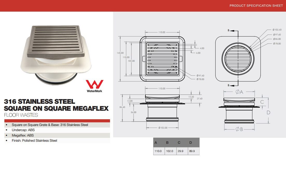 Megaflex Square Floor Grate Waste 100mm - Image 3