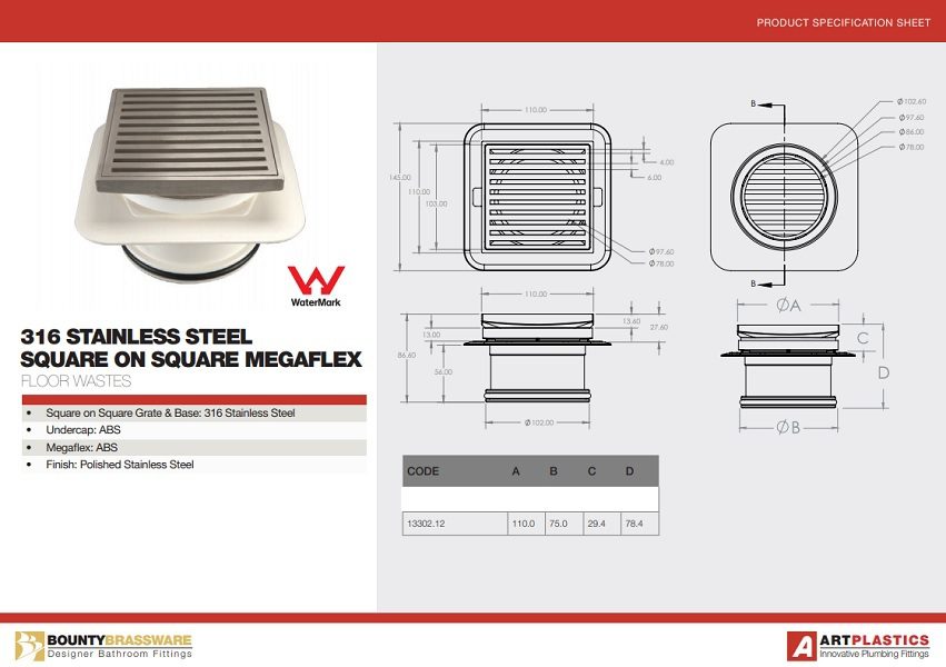 Megaflex Square Floor Grate Waste 80mm - Image 3