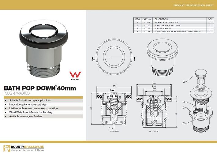 Bath Pop Down Waste 40mm Matte Black - Image 4
