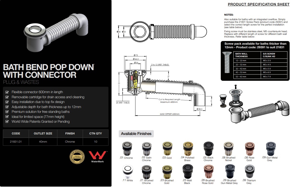 40mm Pop Down Bath Waste Chrome With Connector - Image 3