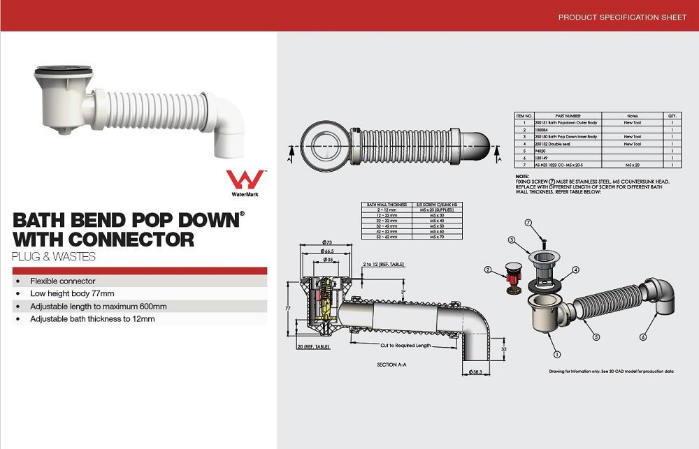 40mm Pop Down Bath Waste White With Connector - Image 2