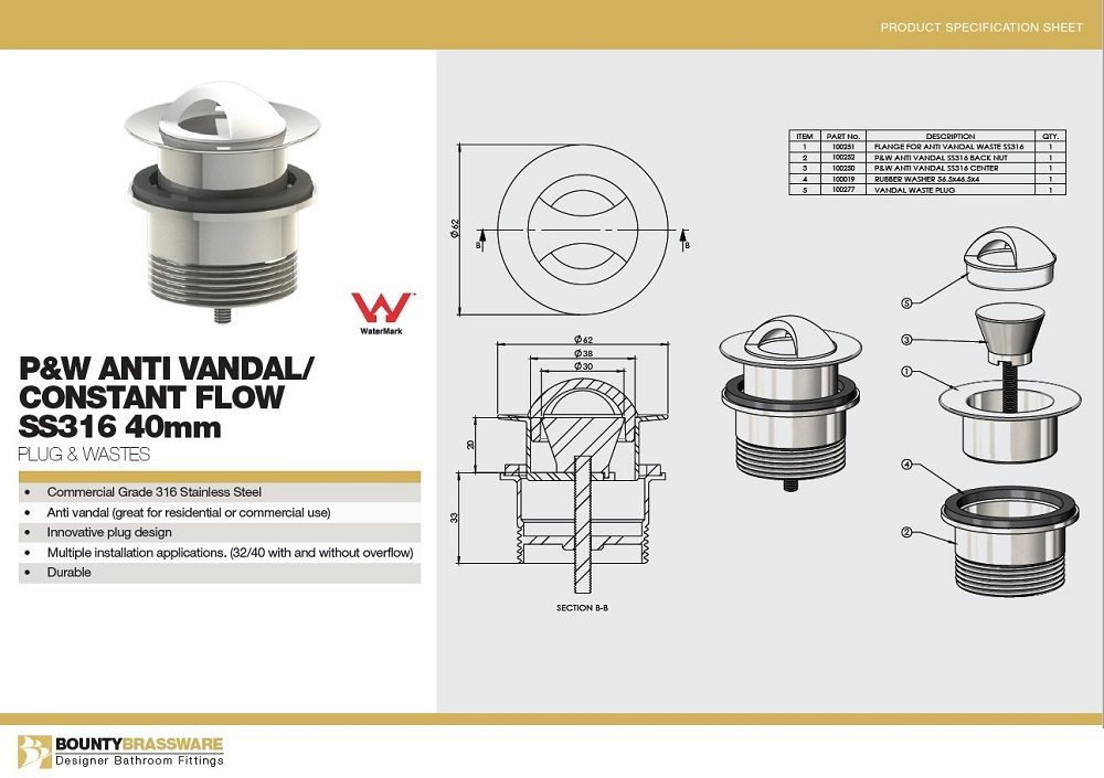 SS316 Plug & Waste Anti Vandal Constant Flow 40mm - Image 2