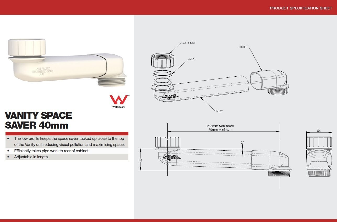 Space Saver Vanity Waste Pipe 40mm - Image 2