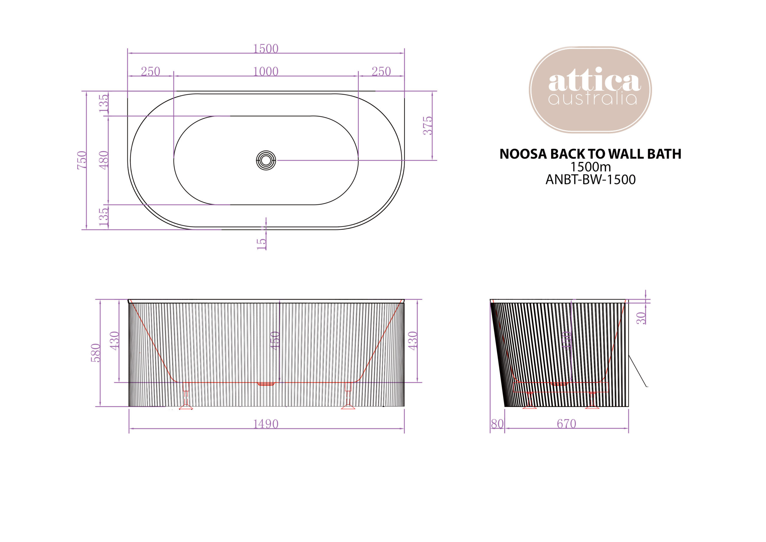 Attica Noosa 1500 Gloss White BTW Bath - Image 3