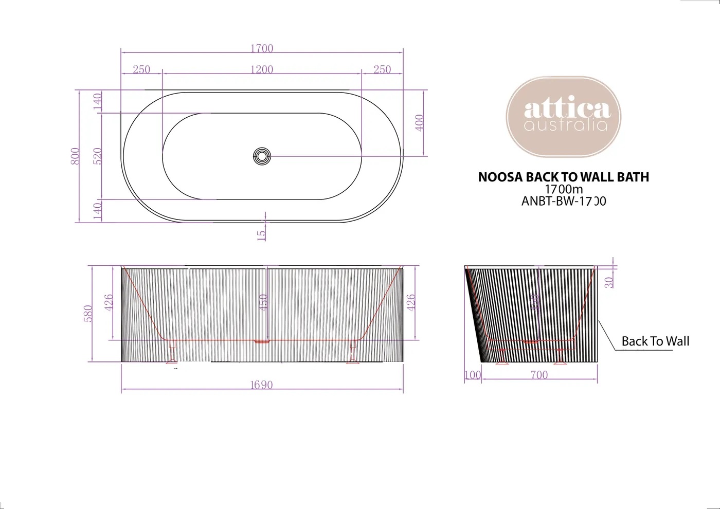 Attica Noosa 1700 Matte White BTW Bath - Image 3