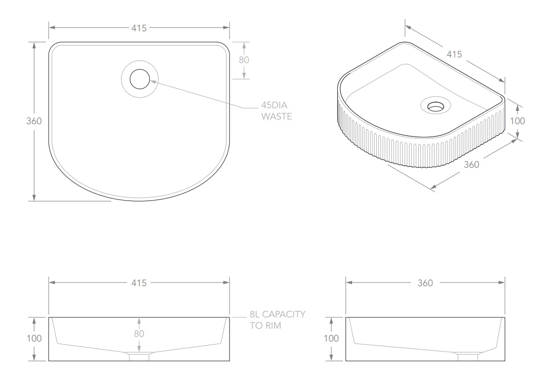 Arch Fluted Above Counter Ceramic Basin Matte White - Image 8