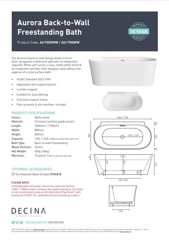 Aurora 1500 Back To Wall Freestanding Bath - Image 3