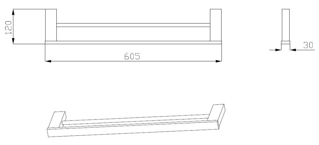 SS Eckig Double Towel Rail 600mm Stainless Steel - Image 2