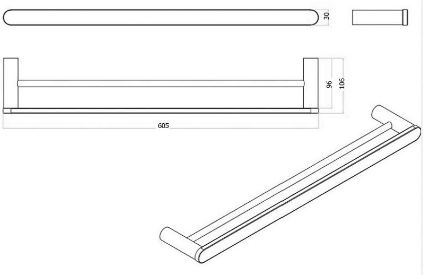 SS Rund Double Towel Rail 600mm Matte Black - Image 2