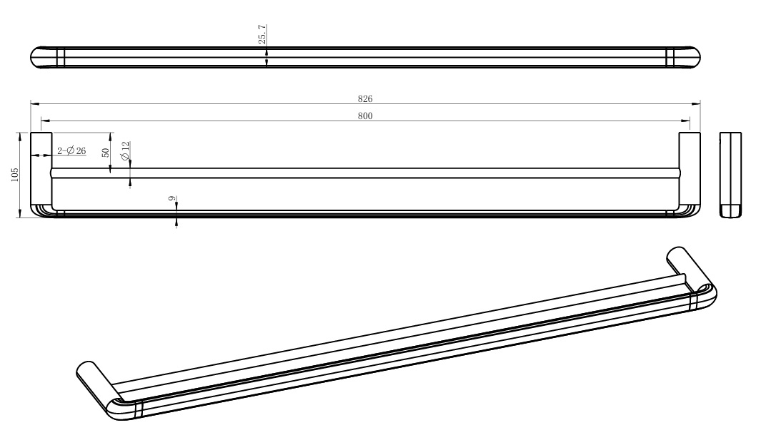 Berlin Double Towel Rail 800mm Chrome - Image 2
