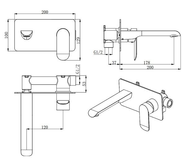 Oval Wall Basin Bath Mixer with Spout Matte Black - Image 2