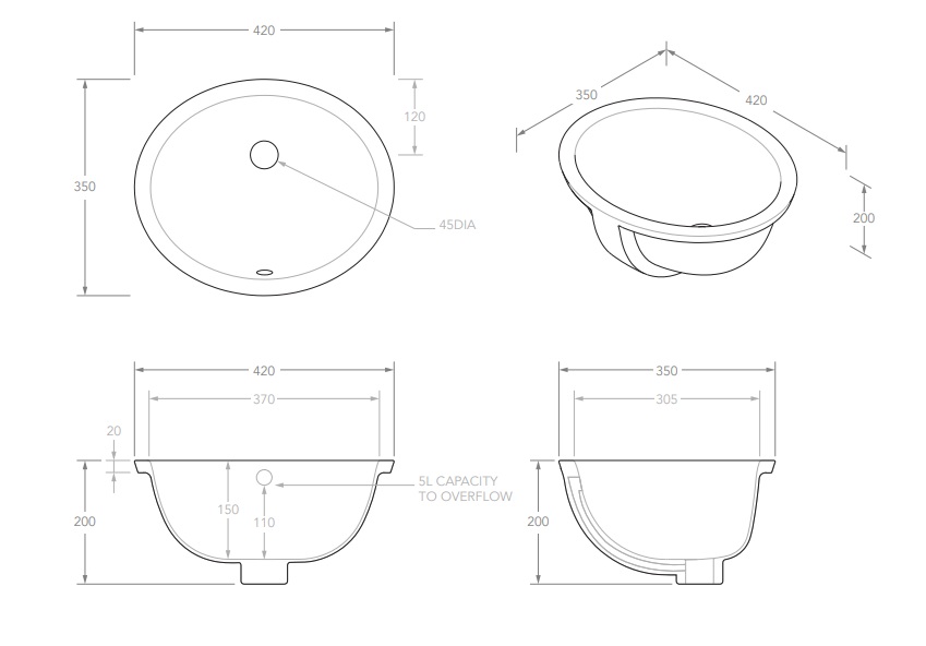 Oval Ceramic Under Counter Basin Gloss White - Image 3