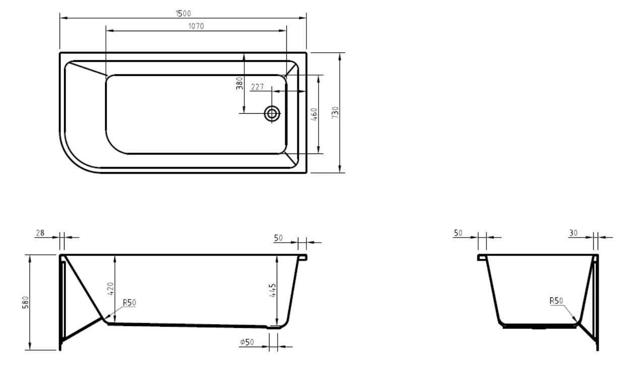 1500mm Corner Back To Wall Bath - RIGHT - Image 5