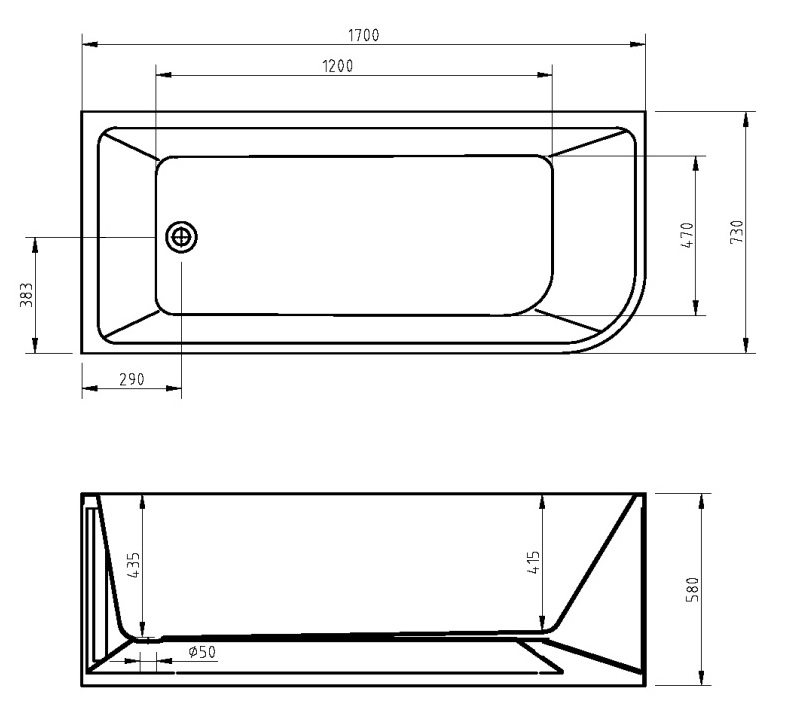 1700mm Corner Back To Wall Bath - LEFT - Image 4