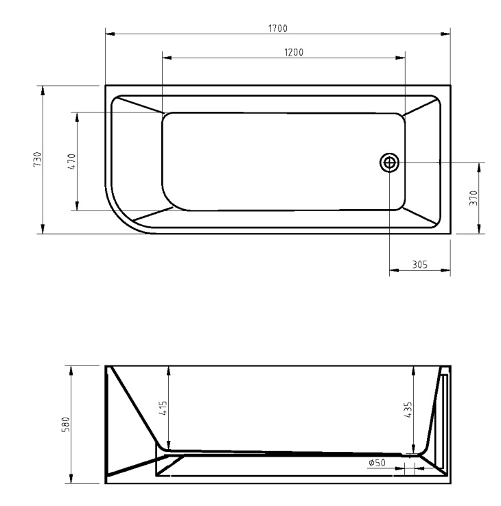 1700mm Corner Back To Wall Bath - RIGHT - Image 5