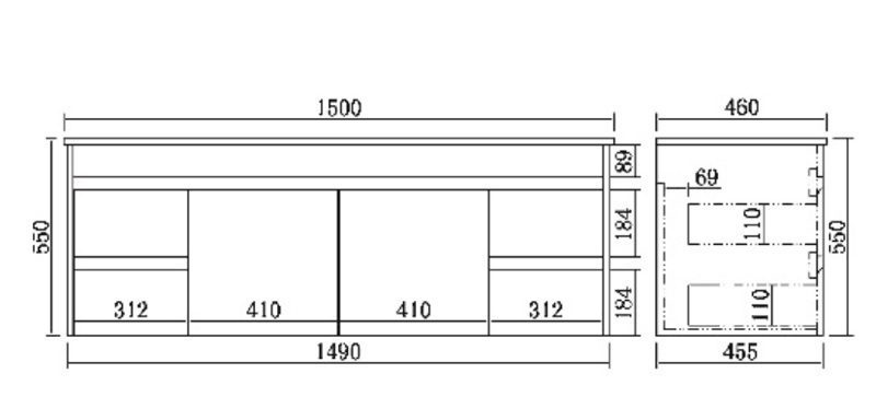 1500mm PVC Vanity Wall Hung Finger Pull Single Bowl - Image 3