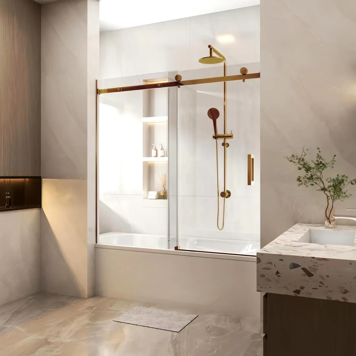 Frameless Sliding Bath Screen 1650-1800 Brushed Gold