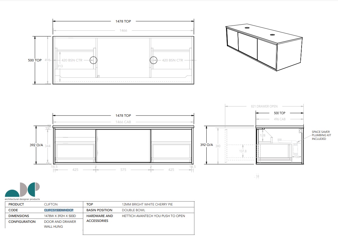 Clifton 1500 Double Basin Wall Hung Vanity - Image 7