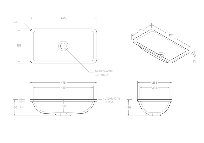 Hope Slimline Solid Surface Under Counter Basin Gloss White - Image 3