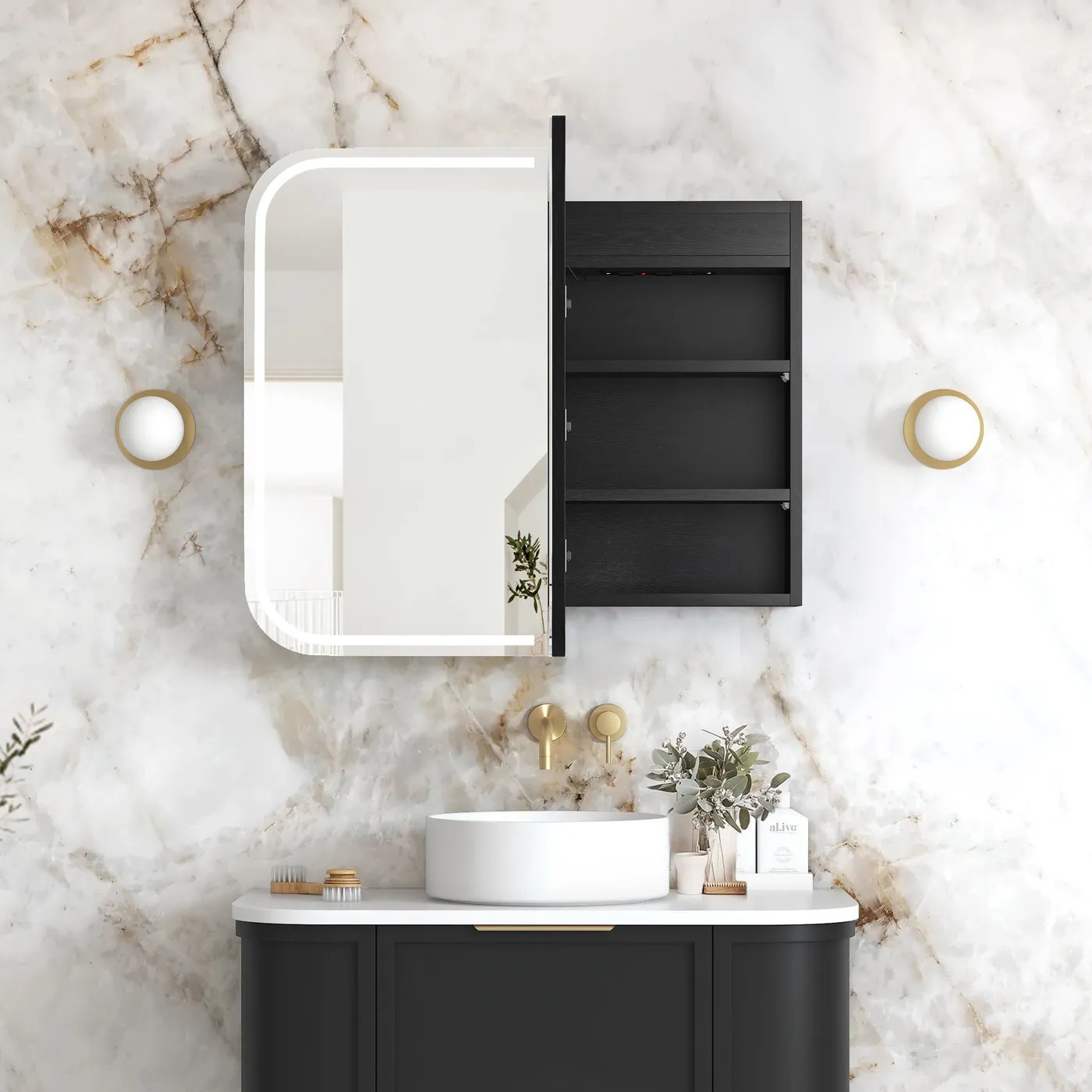 Newport Led Shaving Cabinet 900 x 750 Black Oak Premium Edition - Image 2