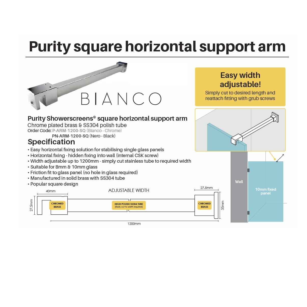 Purity Shower Screen Square Horizontal Support Arm Chrome - Image 2