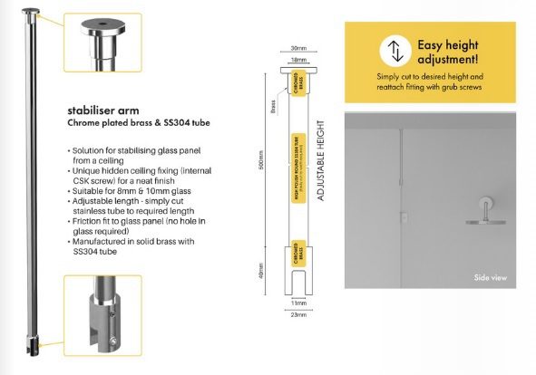 Purity Shower Screen Vertical Stabiliser Arm Chrome - Image 4