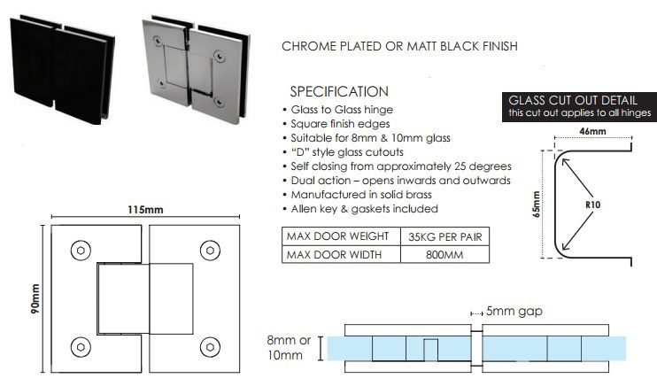 Purity 180 Degree Glass To Glass Hinge Matte Black - Image 2