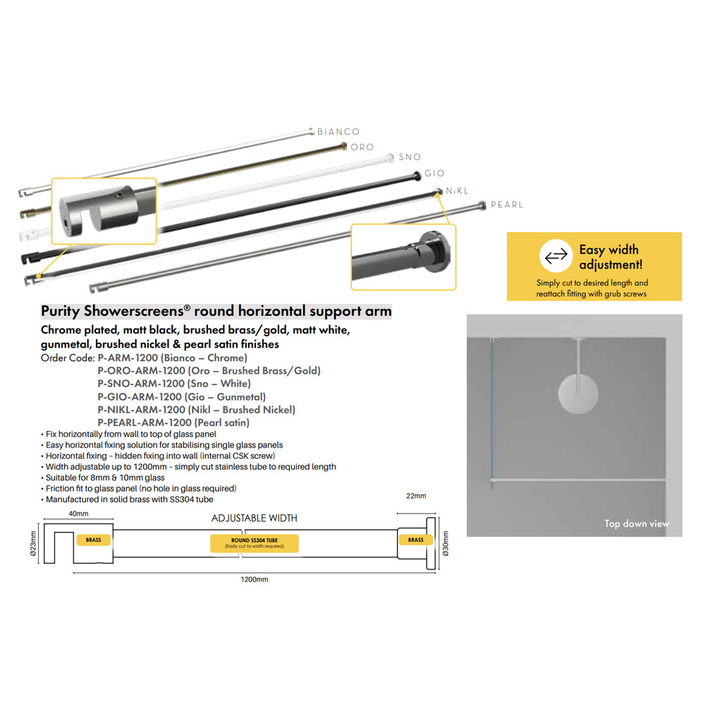 Purity Shower Screen Round Horizontal Support Arm Chrome - Image 2