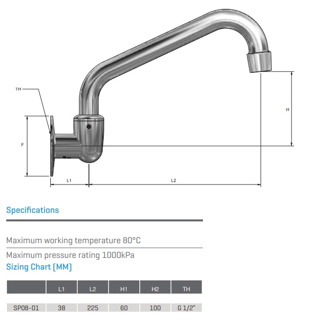 Swivel Sink Wall Spout 225mm Chrome - Image 3