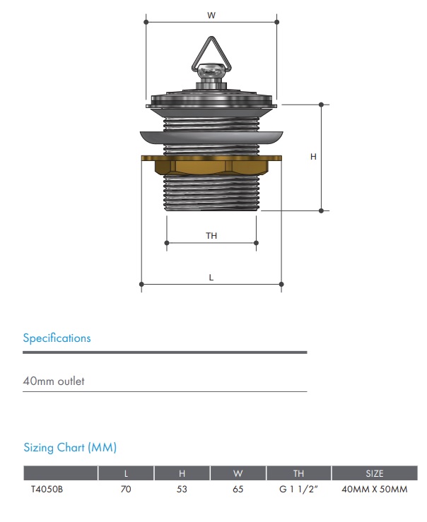 Bath Plug and Waste 40mm Non Overflow Chrome - Image 2