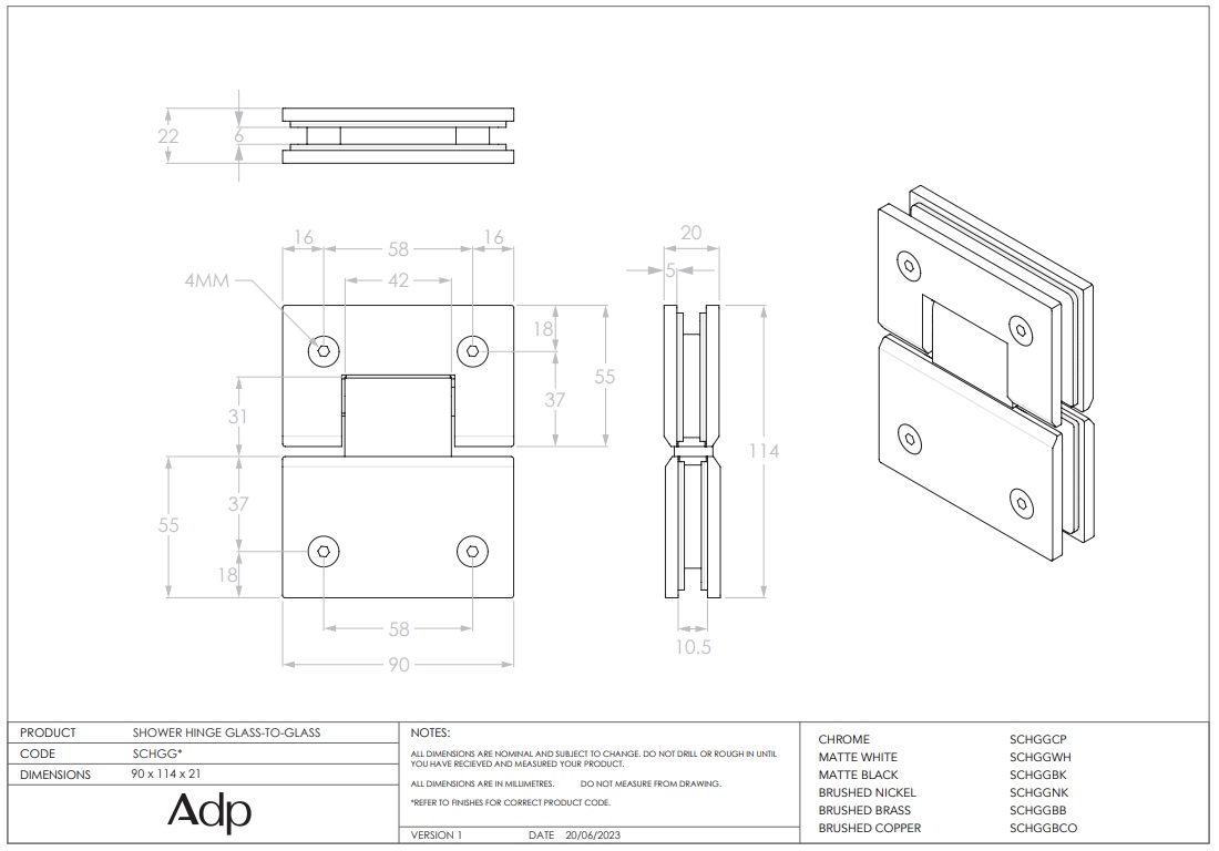 ADP Shower Screen Hinge Glass to Glass Brushed Copper - Image 2