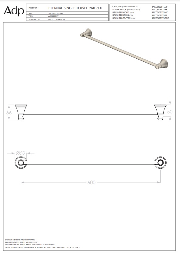 ADP Eternal Towel Rail 600 Brushed Brass - Image 3