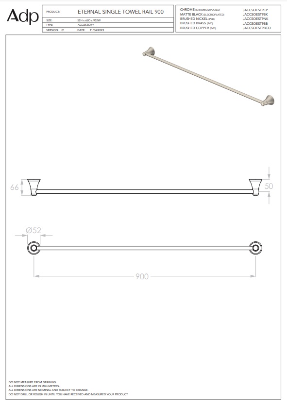 ADP Eternal Towel Rail 900 Chrome - Image 3