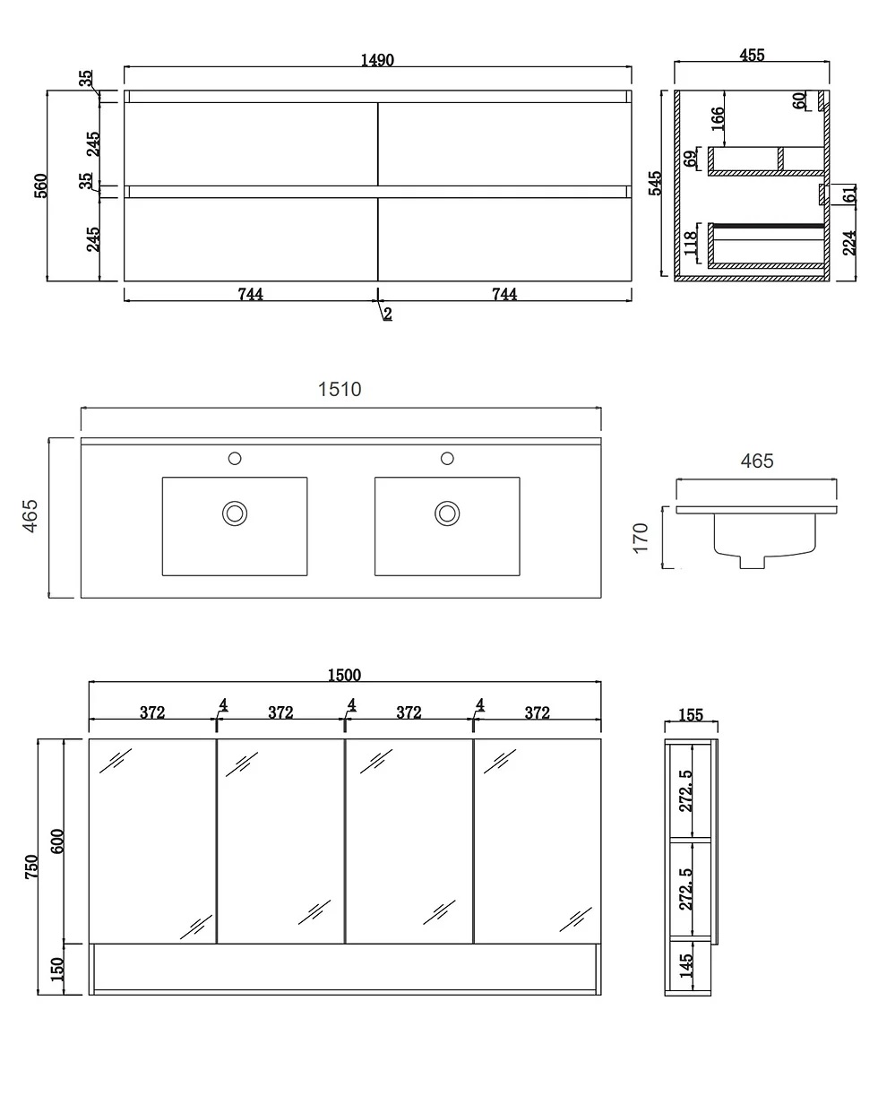 Legna 1500 Wall Hung Vanity Double Bowl - Image 3