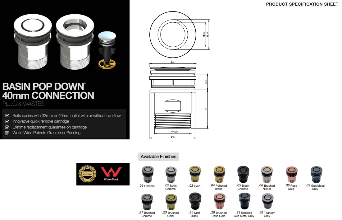 Basin Pop Down Waste 32-40mm Chrome - Image 4